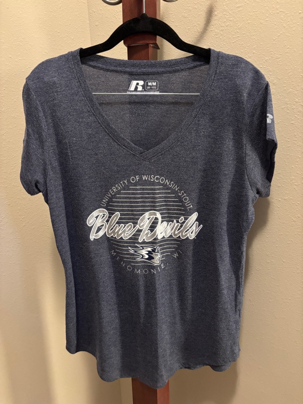 Russell Athletic Navy V-Neck UW-Stout 'Blue Devils' Graphic Tee